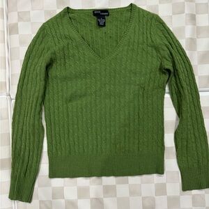 Cashmere Grace Olive V-Neck Cable Sweater
